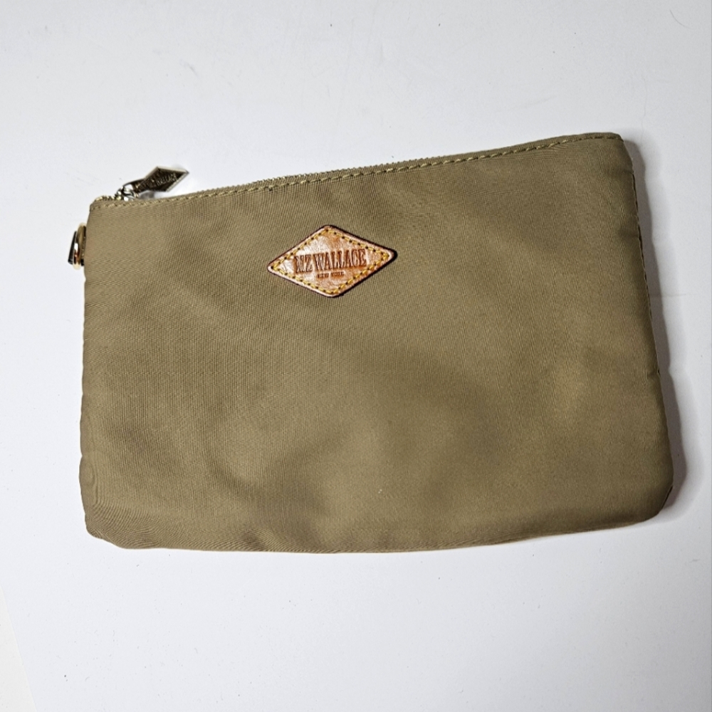 MZ Wallace Nylon Clutch Khaki Tan Zipper Closure Floral Lining Cosmetic Bag